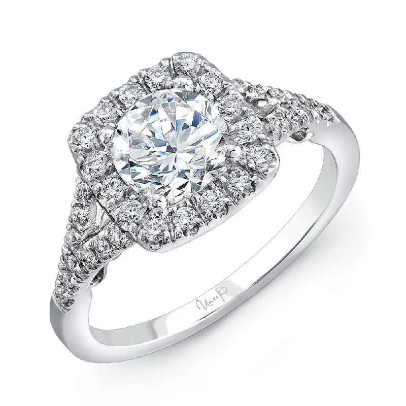 Ladies engagement rings classic looks-Uneek Cancelli Round Diamond Engagement Ring with Cushion-Shaped Halo, Pave Split Shank and Under-the-Head Filigree