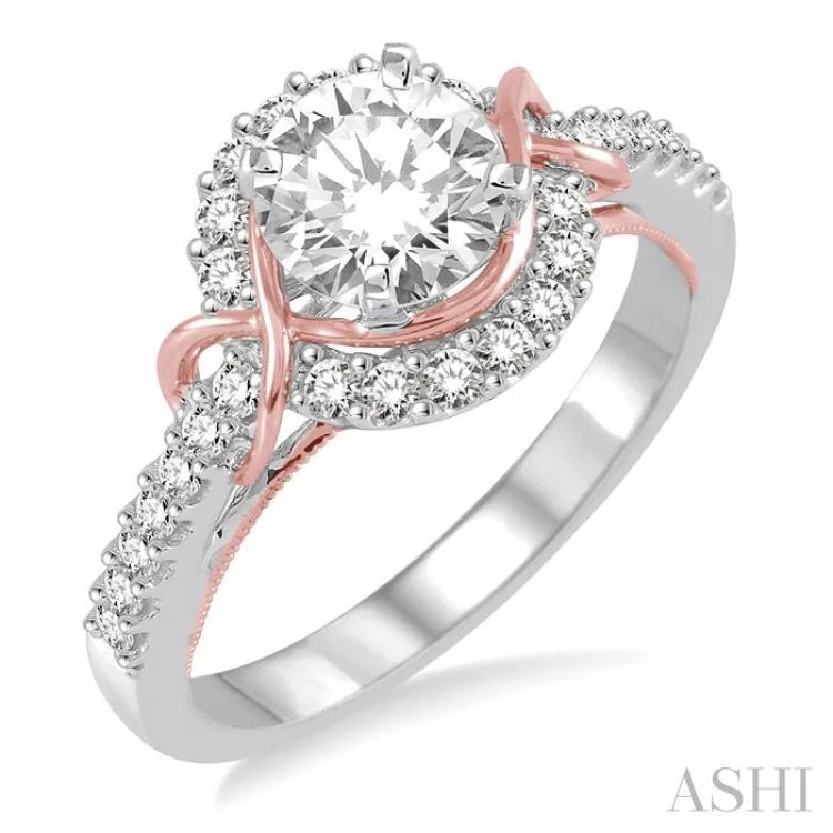 Ladies engagement rings rose-cut diamonds-1 1/10 Ctw Diamond Engagement Ring with 3/4 Ct Round Cut Center Stone in 14K White and Rose Gold