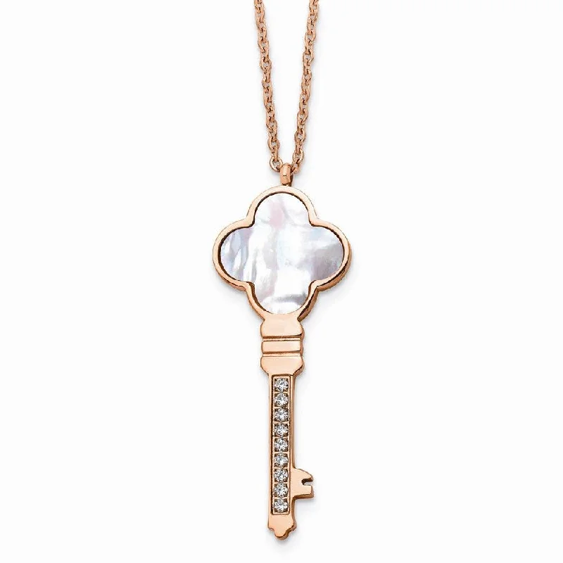 Ladies necklaces Mother’s Day-Stainless Steel Rose IP-plated CZ & MOP Key w/ 2in ext Necklace