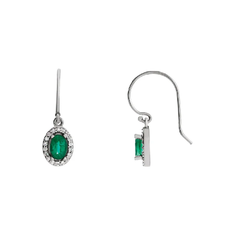 Ladies earrings chandelier styles-Oval Emerald & Diamond Halo Dangle Earrings in 14k White Gold