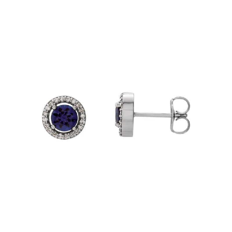 Ladies earrings colorful gems-7.5mm Halo Style Blue Sapphire & Diamond Earrings in 14k White Gold