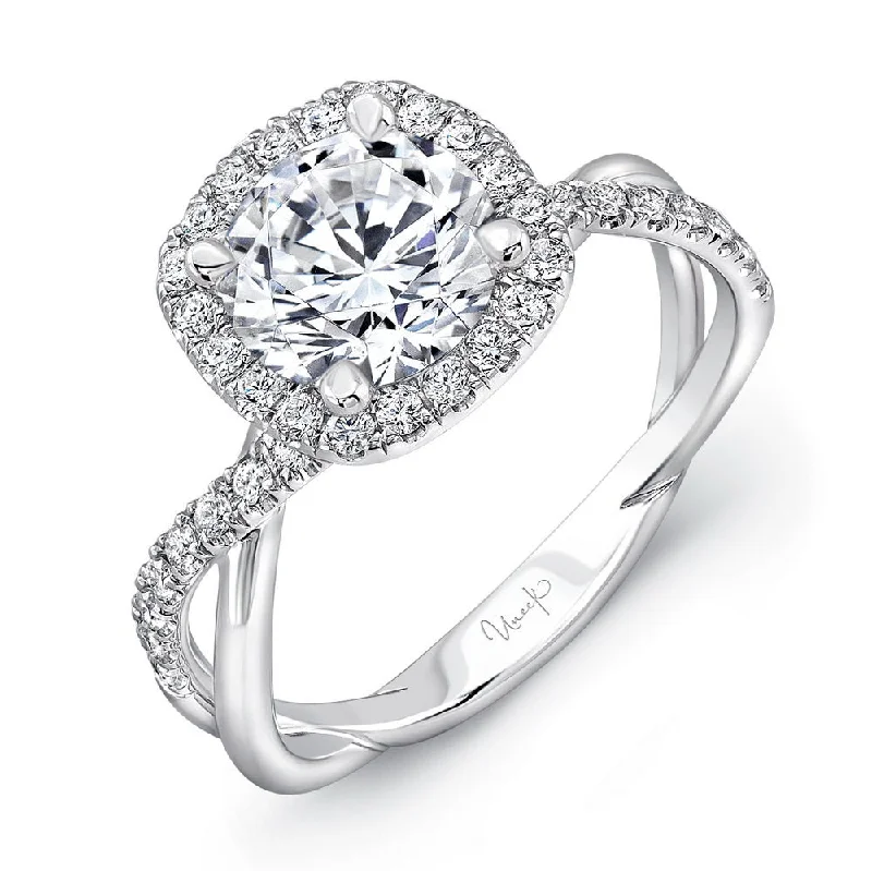 Ladies engagement rings limited editions-Uneek Round-Diamond-on-Cushion-Halo Engagement Ring with Infinity-Style Crisscross Shank