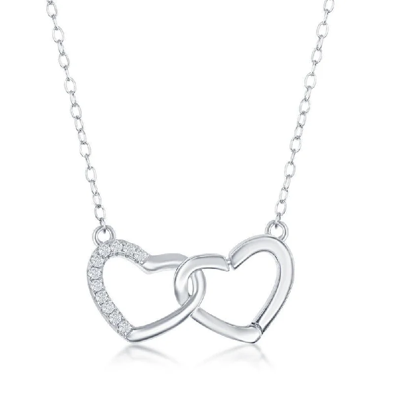 Ladies necklaces layered looks-Sterling Silver Interlocking Half Cubic Zirconia Heart Necklace