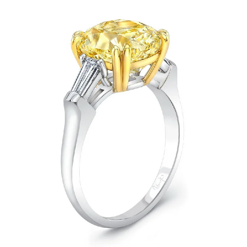 Ladies engagement rings heirloom pieces-Uneek Natureal Collection Three-Stone Cushion Cut Fancy Yellow Diamond Engagement Ring