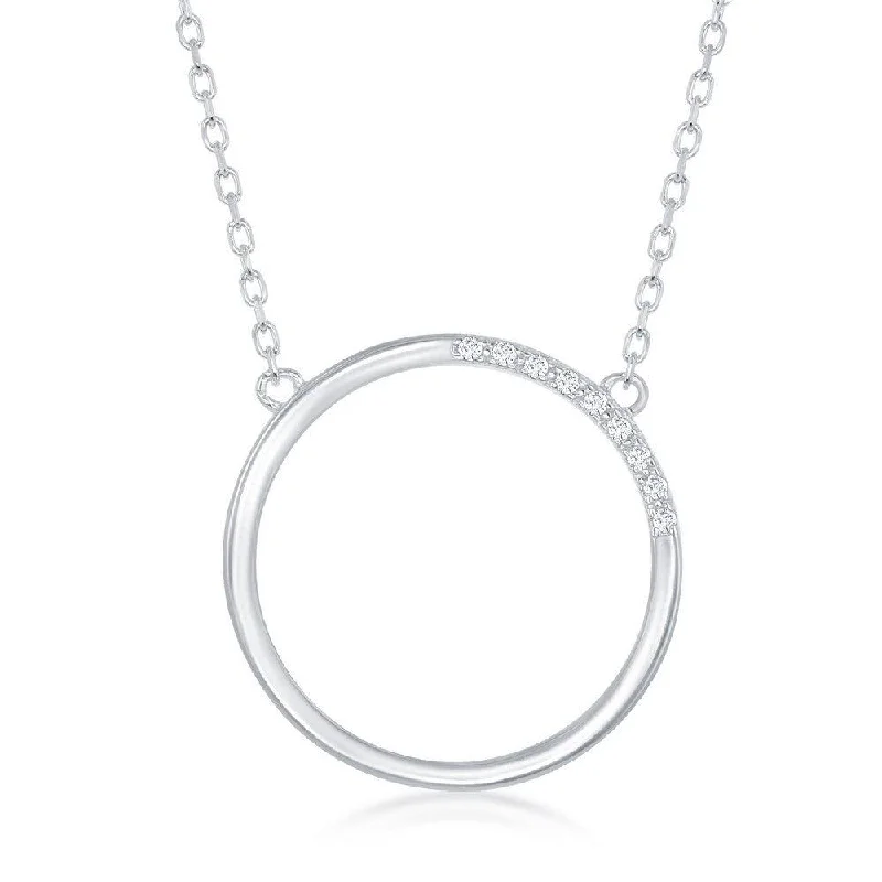 Ladies necklaces personalized-Sterling Silver Open Circle Half Cubic Zirconia Necklace