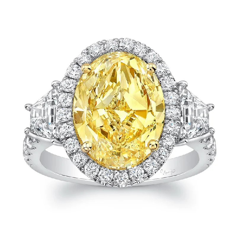 Ladies engagement rings white gold-Uneek Contemporary Oval Fancy Yellow Diamond-Center Three-Stone Engagement Ring