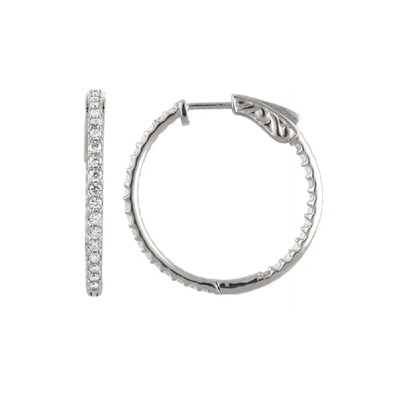 Ladies earrings handmade pieces-14k White Gold 27mm Inside Outside Diamond Hinged Round Hoop Earrings