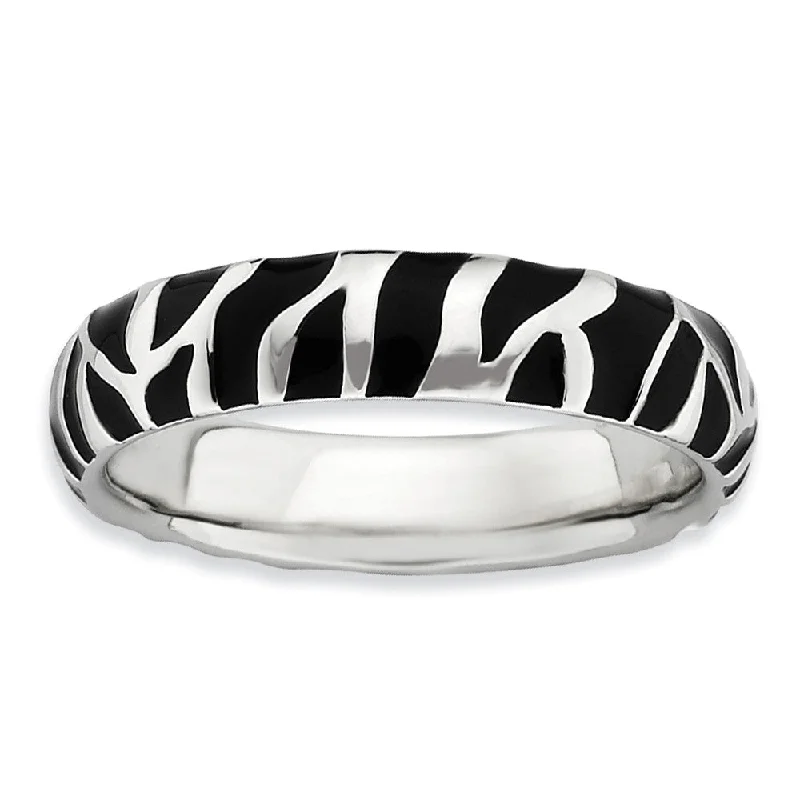 Ladies ring daily wear-4.5mm Silver and Enamel Stackable Animal Black Print Band