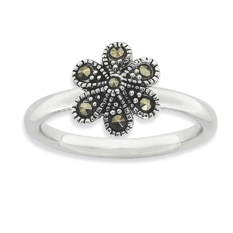 Ladies ring thumb designs-2.25mm Sterling Silver Stackable Marcasite Flower Ring