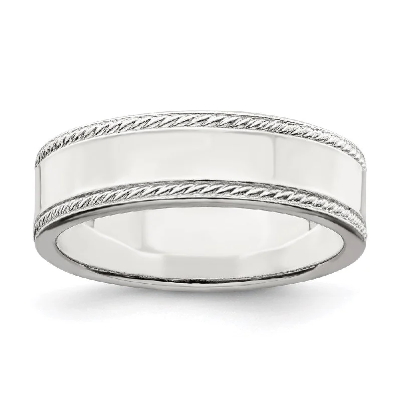 Ladies ring proposal choice-6mm Sterling Silver Polished Flat Rope Edge Standard Fit Band