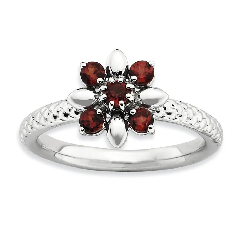 Ladies ring modern styles-Sterling Silver & Garnet Stackable 5 Round Stone Flower Ring