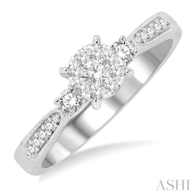 Ladies engagement rings matching sets-1/3 Ctw Round Cut Diamond Lovebright Engagement Ring in 14K White Gold