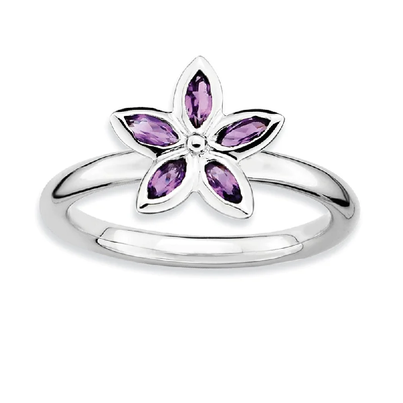 Ladies ring unique finds-Sterling Silver & Amethyst Stackable 5 Marquise Stone Flower Ring