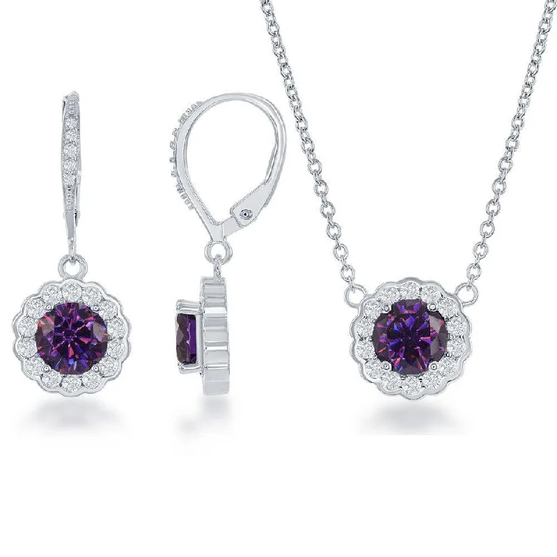 Ladies necklaces custom options-Sterling Silver February Birthstone With  CZ Border Round Earrings and Necklace Set