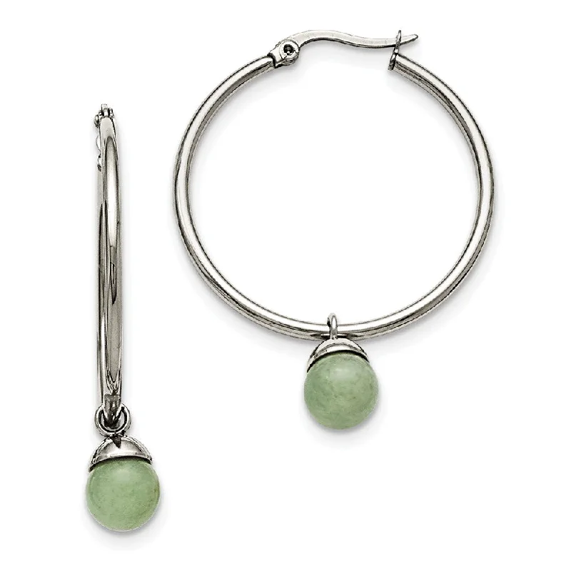 Ladies earrings diamond studs-Green Aventurine Bead Round Hoop Earrings in Stainless Steel - 35mm