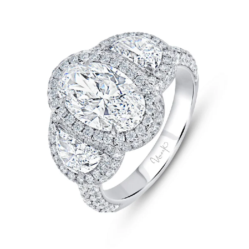 Ladies engagement rings round cut-Uneek Signature Collection 3-Stone-Halo Oval Shaped Diamond Engagement Ring