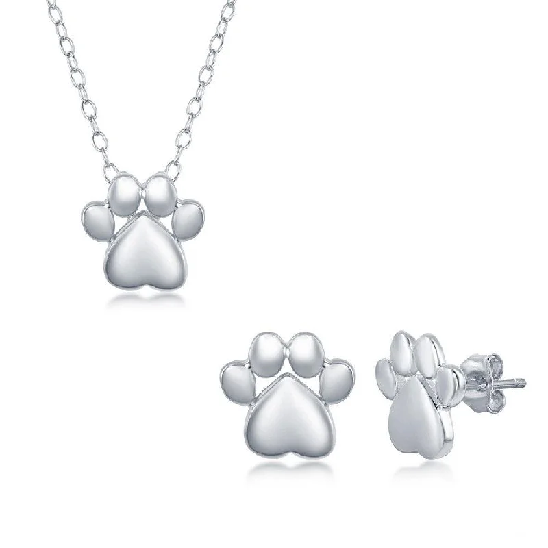 Ladies necklaces engagement gifts-Sterling Silver High Polish Paw Print Necklace and Earrings Set