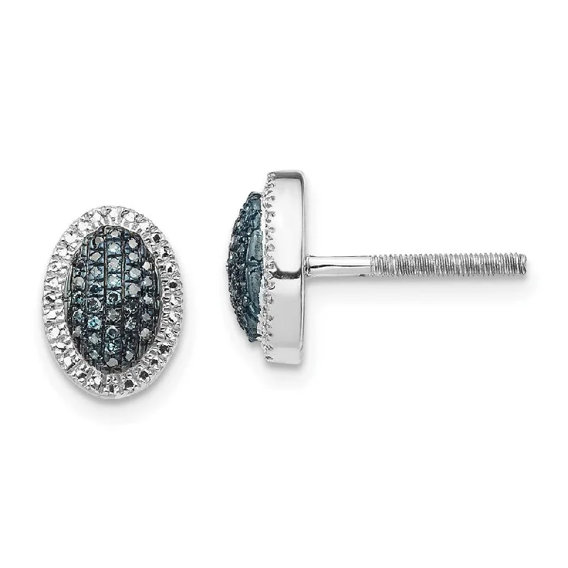 Ladies earrings latest trends-Blue & White Diamond Small Oval Screw Back Earrings in Sterling Silver