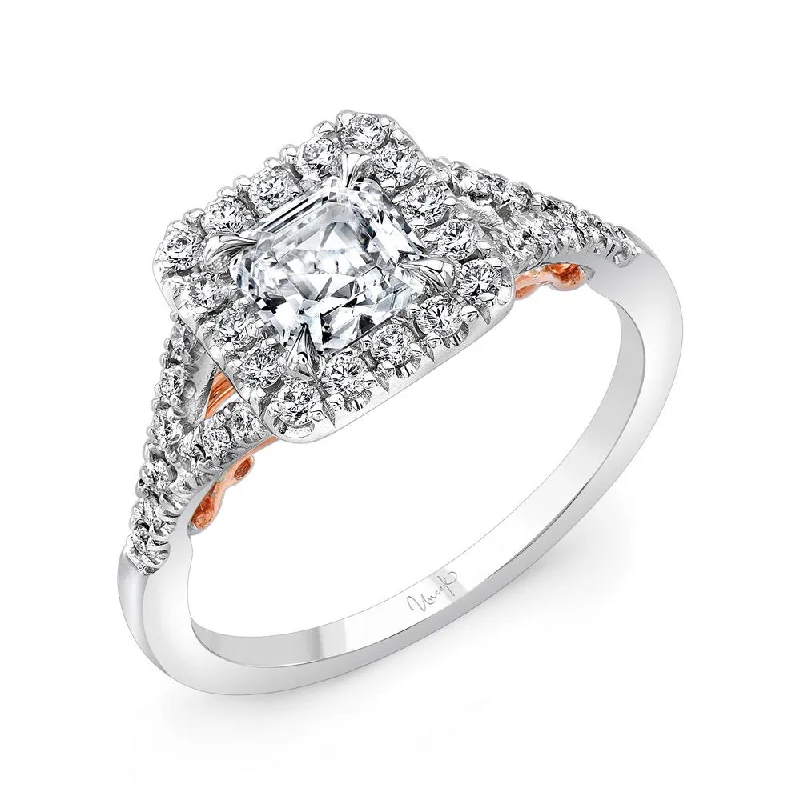 Ladies engagement rings gold styles-Uneek Cancelli Princess-Cut Diamond Halo Engagement Ring with Pave Split Shank