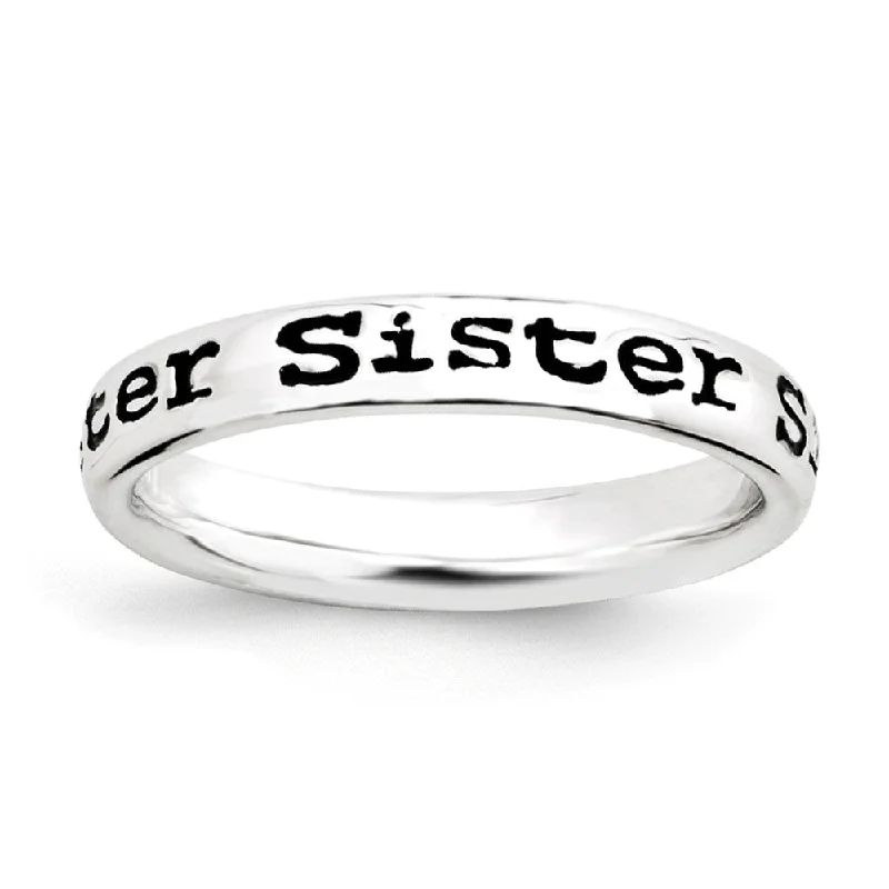 Ladies ring viral picks-3.5mm Sterling Silver Stackable Black Enamel Sister Script Band