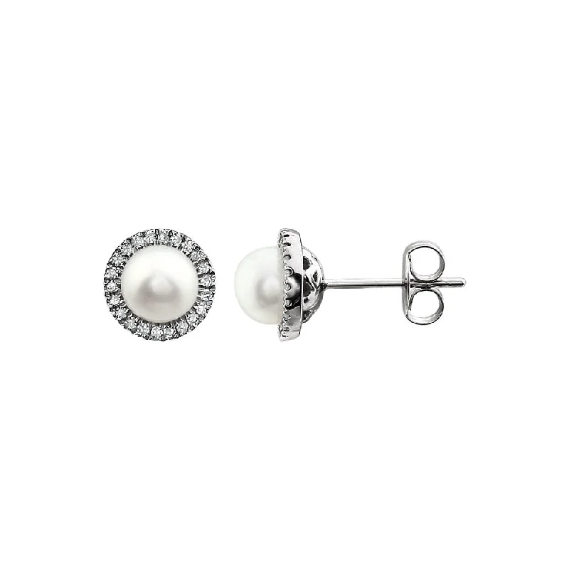 Ladies earrings natural stones-8mm Halo Style FW Cultured Pearl & Diamond Earrings in 14k White Gold