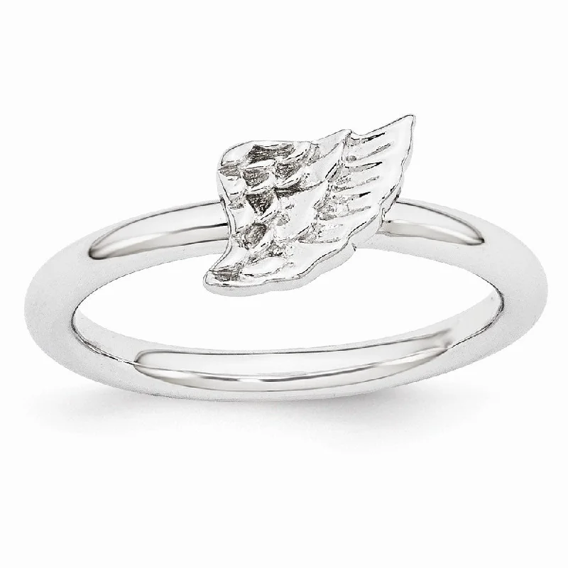 Ladies ring celebrity styles-Rhodium Plated Sterling Silver Stackable 6mm Angel Wing Ring