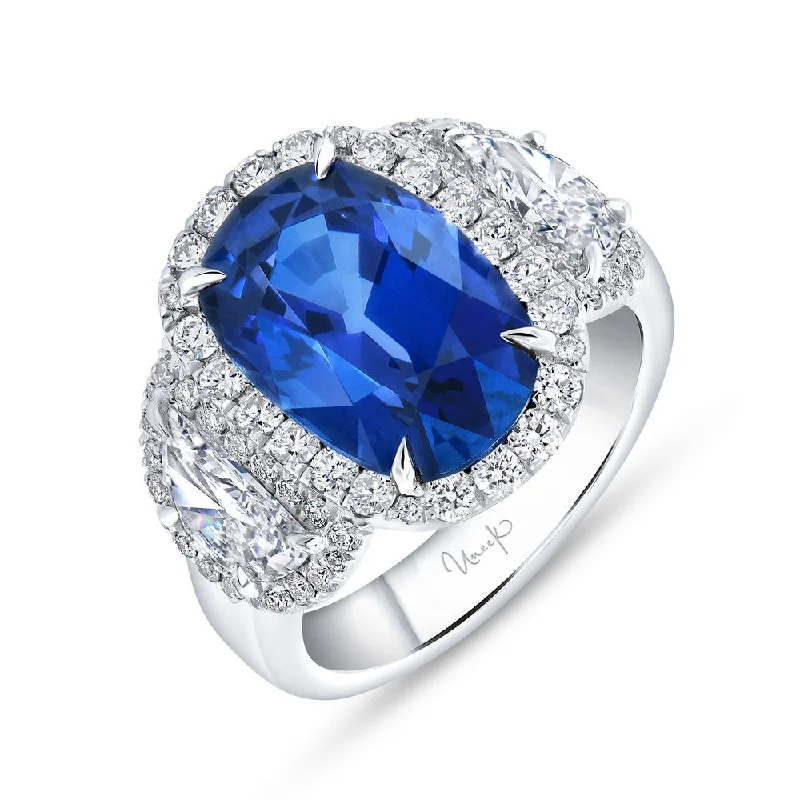 Ladies engagement rings ethical sourcing-Uneek Precious Collection 3-Stone-Halo Cushion Cut Blue Sapphire Engagement Ring