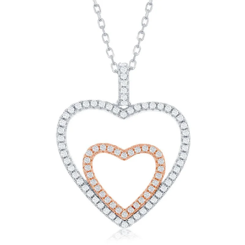 Ladies necklaces ethnic patterns-Sterling Silver Two-Tone Double Heart CZ Necklace