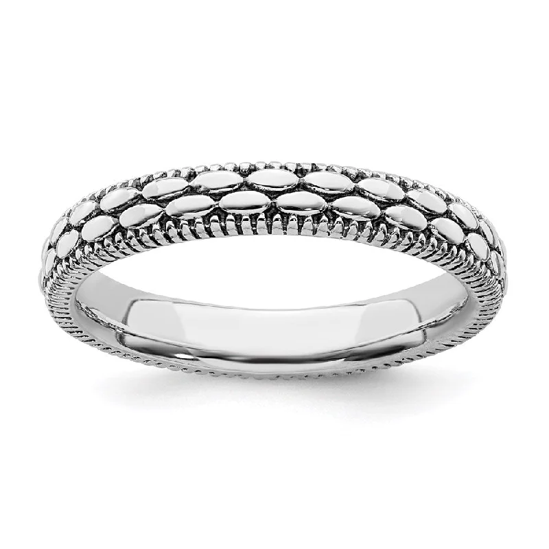 Ladies ring geometric patterns-3.5mm Sterling Silver Stackable Antiqued Bead Patterned Band