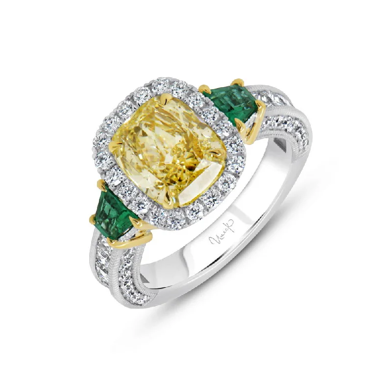 Ladies engagement rings worldwide trends-Uneek Natureal Collection Three-Stone Cushion Cut Yellow Diamond Engagement Ring