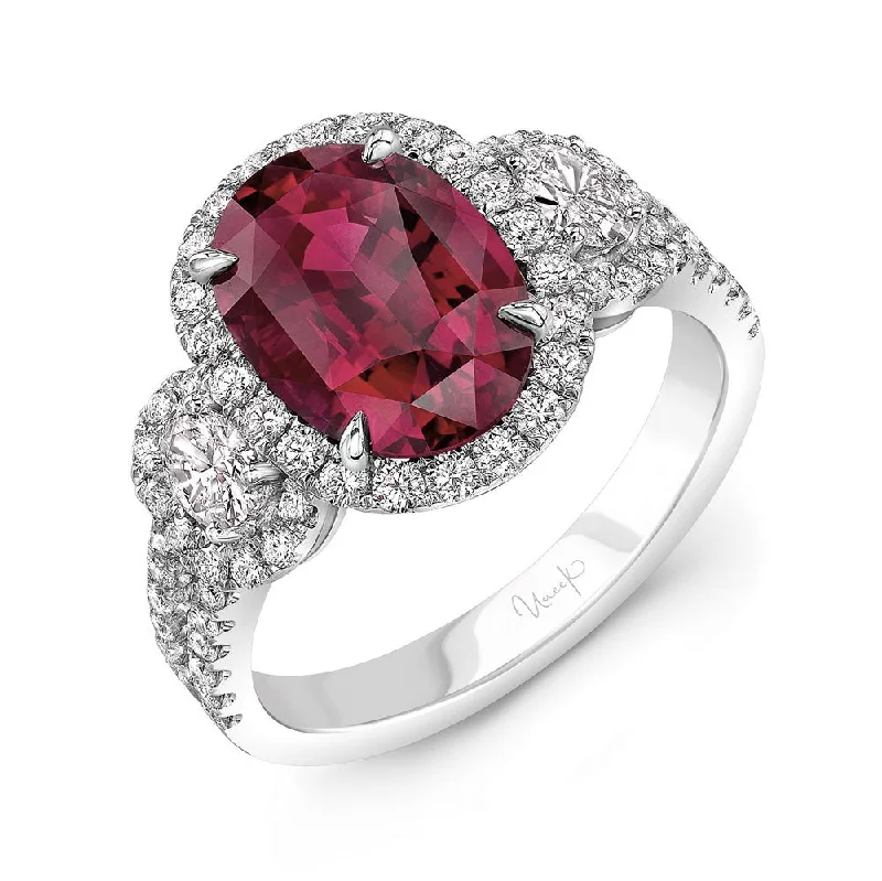 Ladies engagement rings solitaire stones-Uneek Precious Collection 3-Stone-Halo Oval Shaped Ruby Engagement Ring