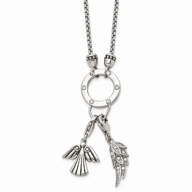 Ladies necklaces designer brands-Stainless Steel Polished Feather & Angel CZ Charms w/2in ext. Necklace