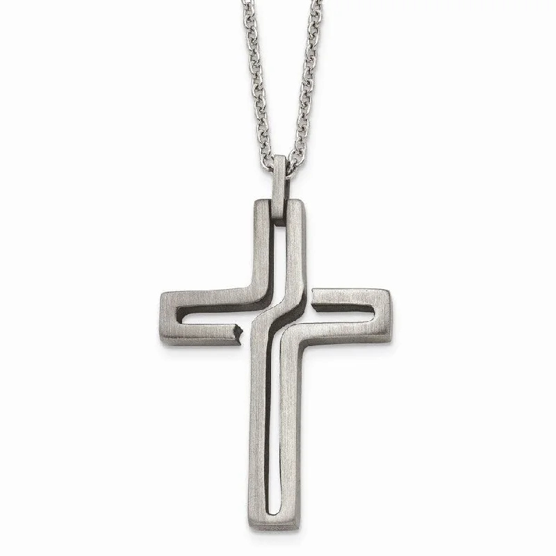 Ladies necklaces heart pendants-Stainless Steel Brushed Antiqued Cross Necklace