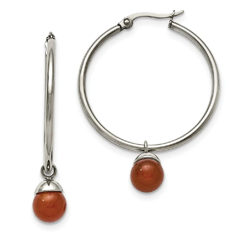 Ladies earrings top brands-Red Agate Bead Drop Round Hoop Earrings in Stainless Steel - 35mm