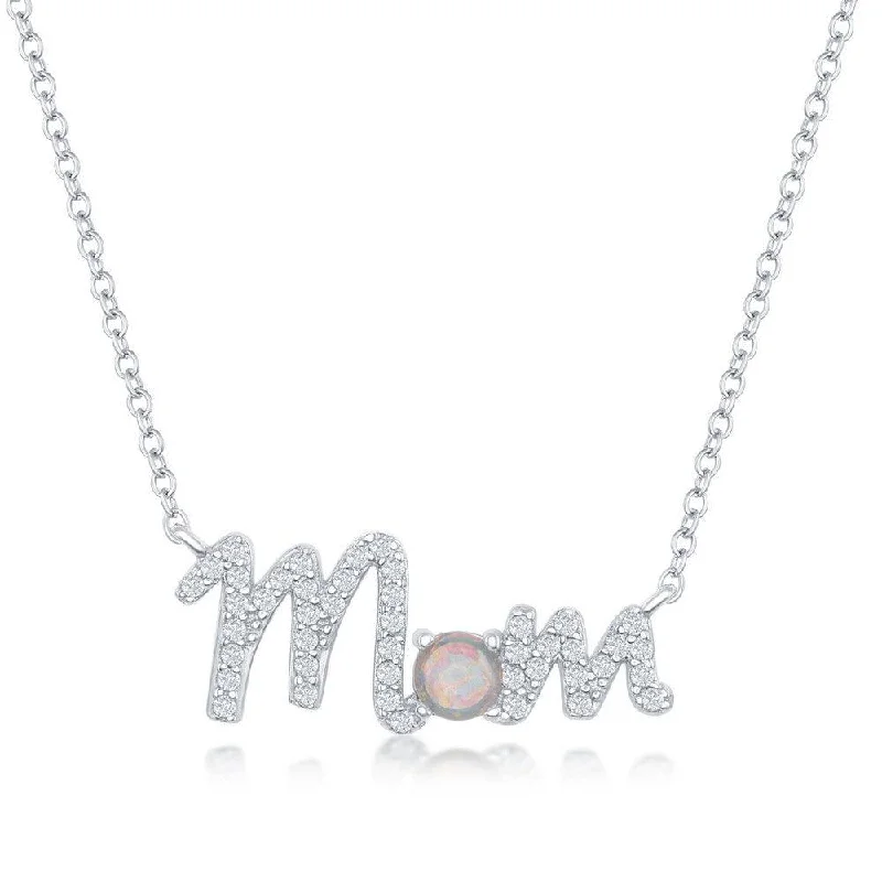 Ladies necklaces gold designs-Sterling Silver Cubic Zirconia and White Opal 'Mom' Necklace