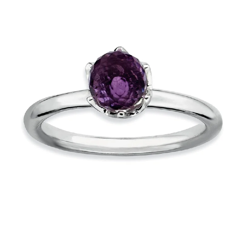 Ladies ring floral designs-Amethyst Briolette Rhodium Plated Sterling Silver Stackable Ring