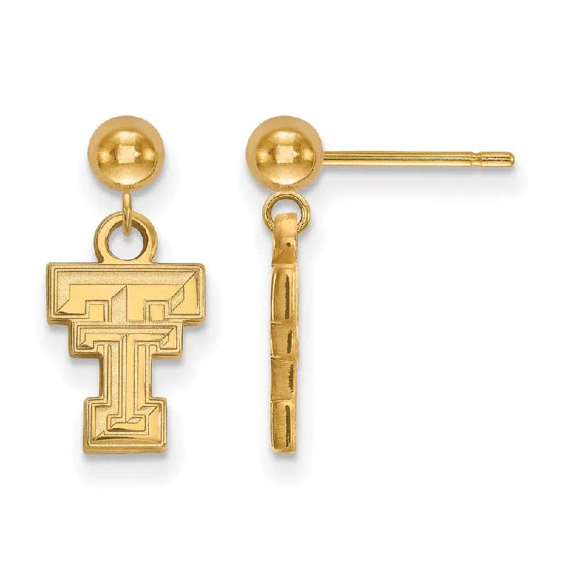 Ladies earrings birthday presents-14k Gold Plated Silver Texas Tech University Ball Dangle Earrings