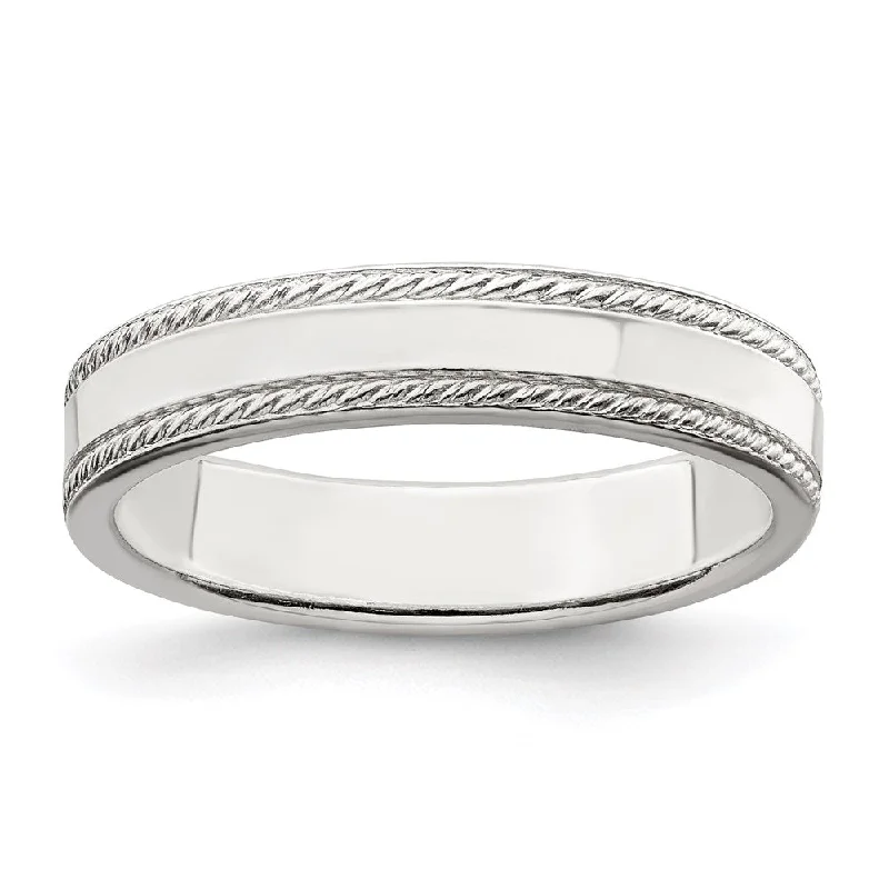 Ladies ring online shopping-4mm Sterling Silver Polished Flat Rope Edge Standard Fit Band