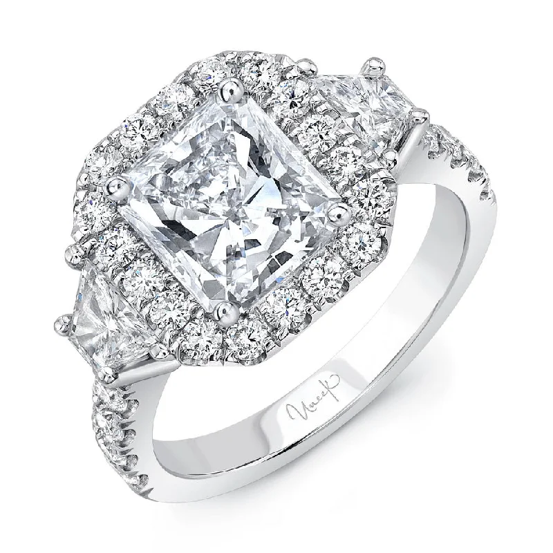 Ladies engagement rings price guide-Uneek Contemporary Three-Stone Engagement Ring with Radiant-Cut Diamond Center