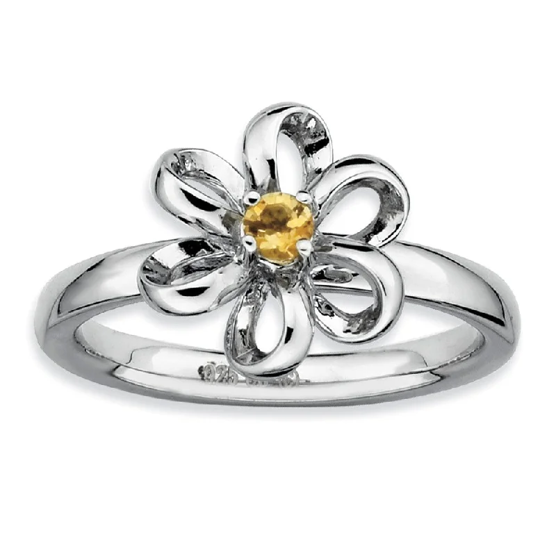 Ladies ring creative designs-Silver Stackable 12mm 1/10 Carat Citrine Flower Ring