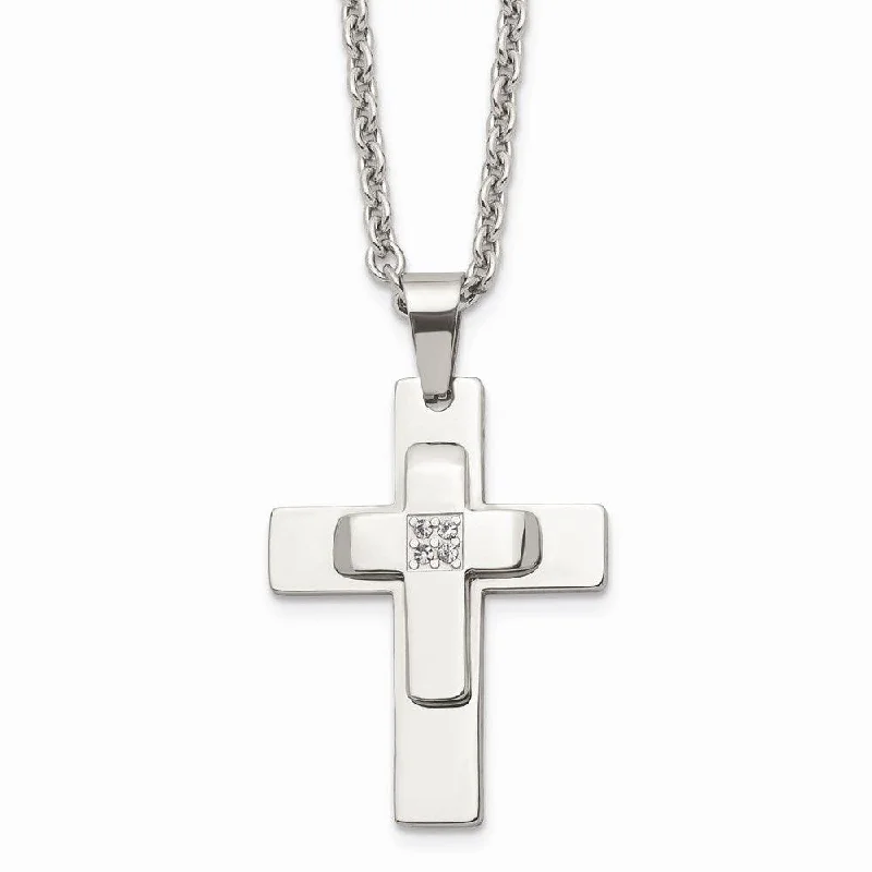 Ladies necklaces ruby gems-Stainless Steel Polished CZ Cross Necklace