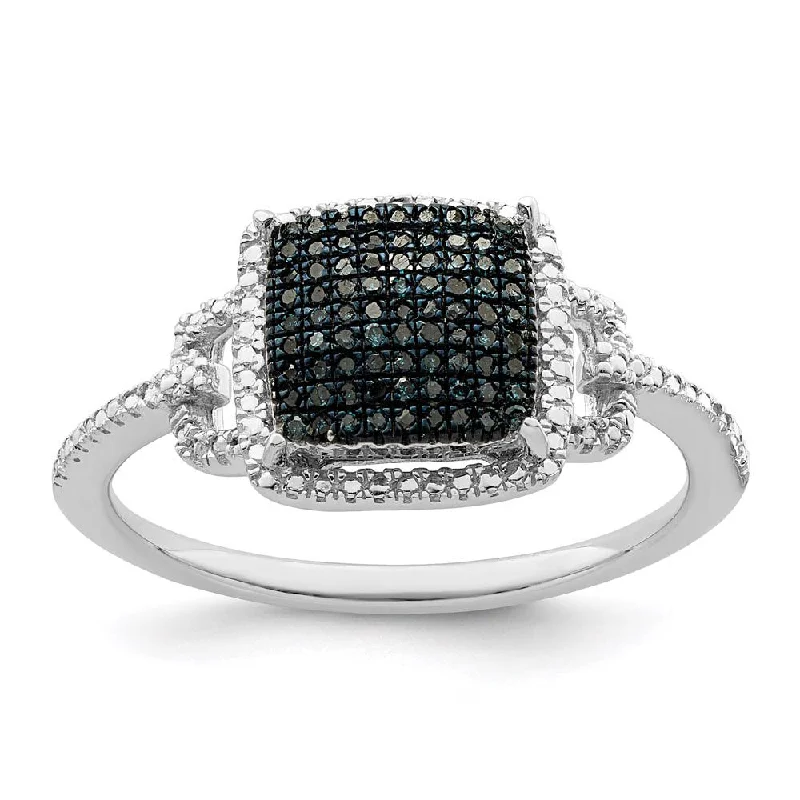 Ladies ring daily wear-1/8 Ctw Blue & White Diamond 11mm Square Ring in Sterling Silver