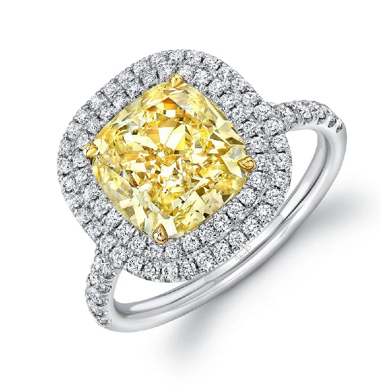 Ladies engagement rings sapphire accents-Uneek Cushion-Cut Fancy Yellow Engagement Ring with Double Halo