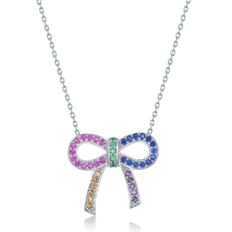 Ladies necklaces creative designs-Sterling Silver Rainbow Cubic Zirconia Bow knot Necklace