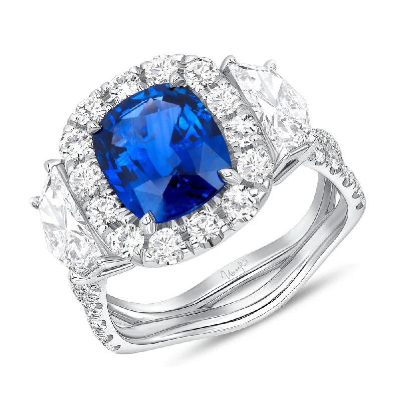 Ladies engagement rings bezel styles-Uneek Precious Collection Halo Cushion Cut Blue Sapphire Engagement Ring