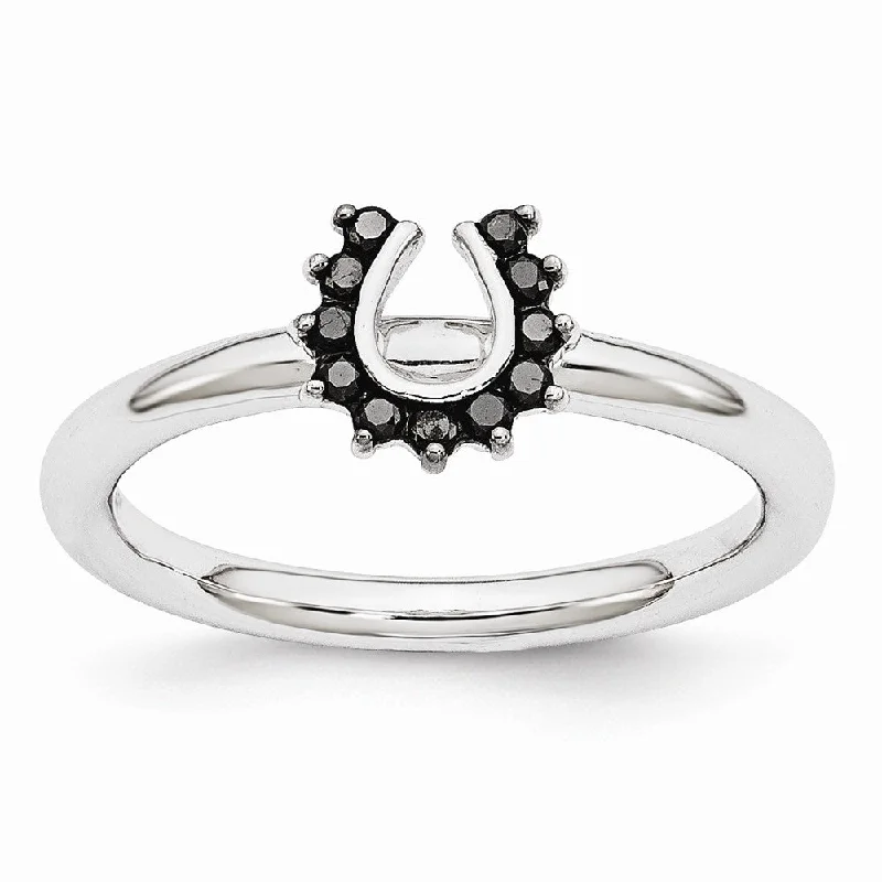 Ladies ring light luxury-Rhodium Sterling Silver .11 Ctw Black Diamond 7mm Horseshoe Stack Ring