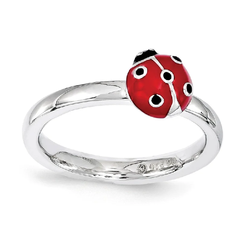 Ladies ring mature appeal-Sterling Silver Stackable Red & Black Enamel 8mm Ladybug Ring