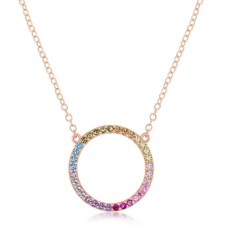 Ladies necklaces engagement gifts-Sterling Silver Rose GP Rainbow CZ Circle of Life Necklace