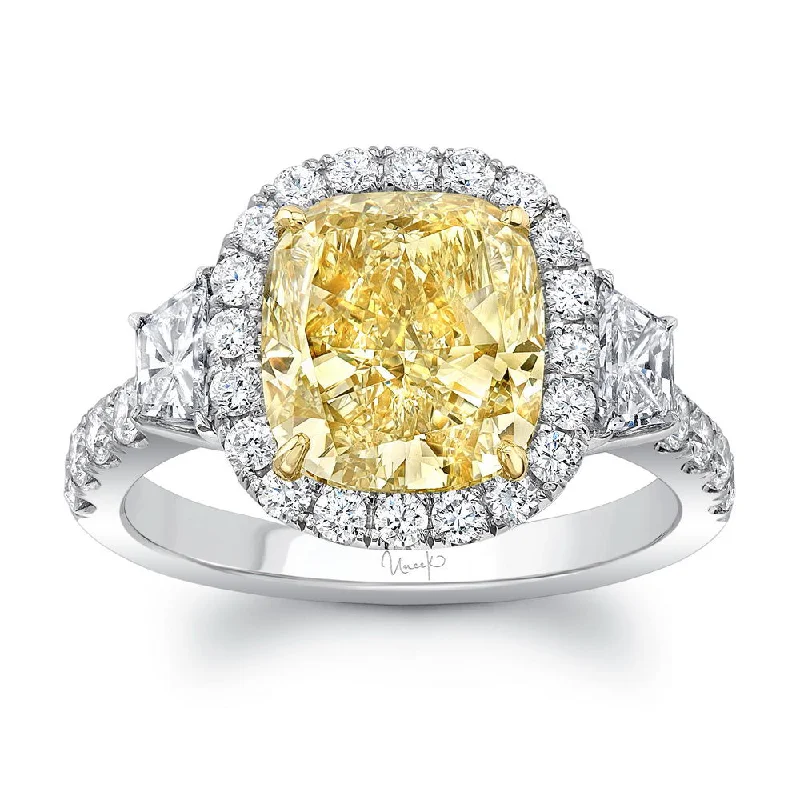 Ladies engagement rings minimalist designs-Uneek Contemporary Cushion-Cut Yellow Diamond Center Three-Stone Engagement Ring