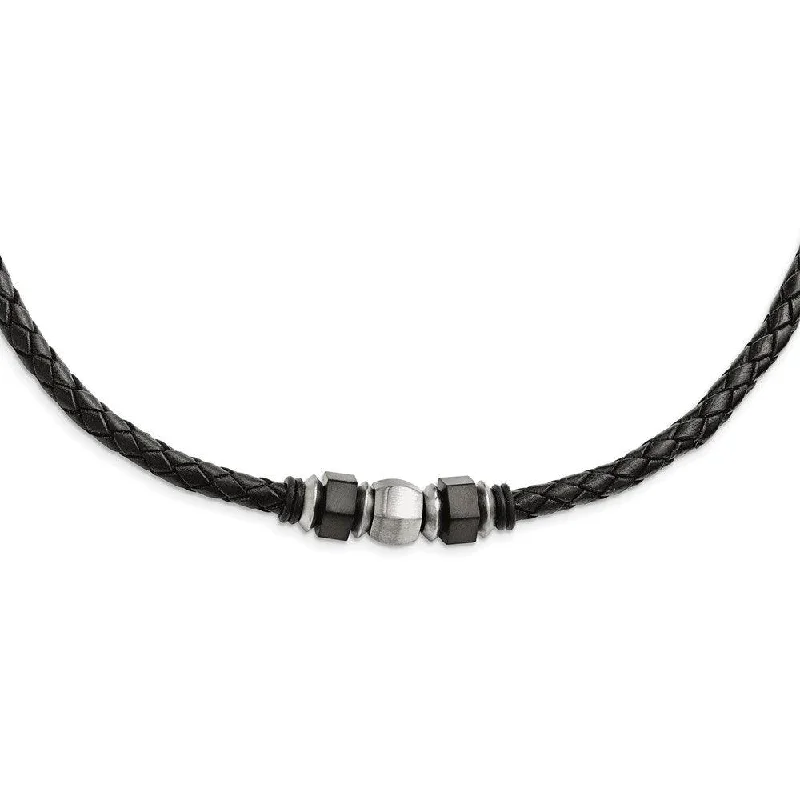 Ladies necklaces sentimental value-Stainless Steel Brushed Leather Black IP-plated & Rubber Necklace